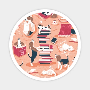 Life is better with books a hot drink and a friend // pattern // coral background brown white and blue beagles and cats and red cozy details Magnet